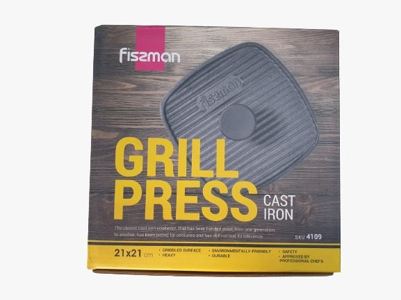 FISSMAN SQUARE GRILL PRESS 21X21 CM WITH BAKELITE KNOB