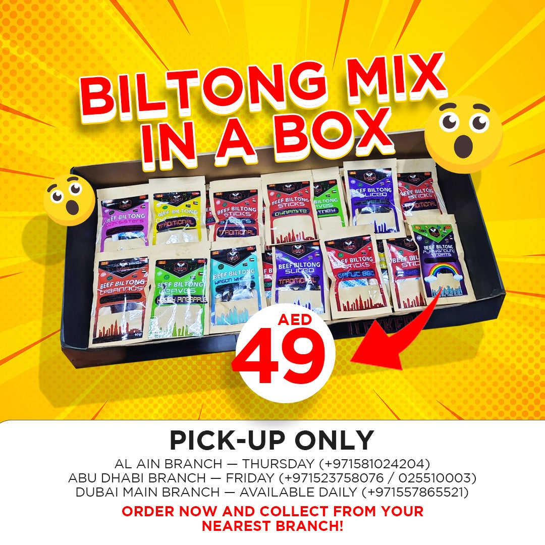 Box of Biltong All Flavours  (1 box per person / order only) For pick up only in stores