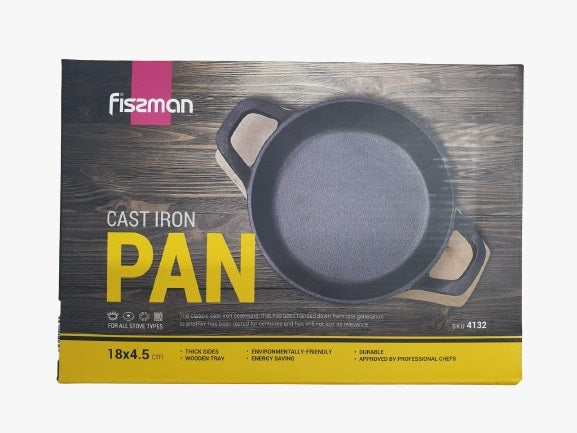 FISSMAN PAN 18X4.5 CM WITH TWO SIDE HANDLES ON WOODEN TRAY